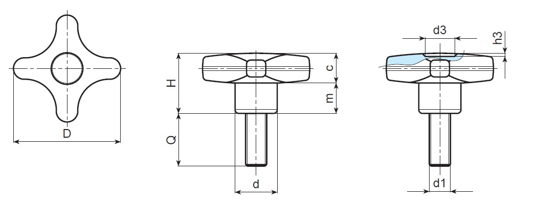Cross Handwheel - Male Thread - Dimensional Drawing