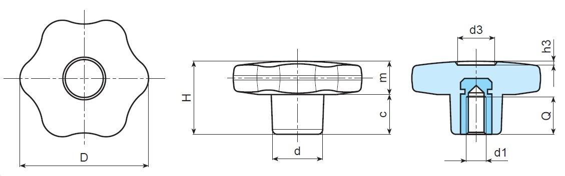 6 Point Handwheel - Female Thread - Dimensional Drawing