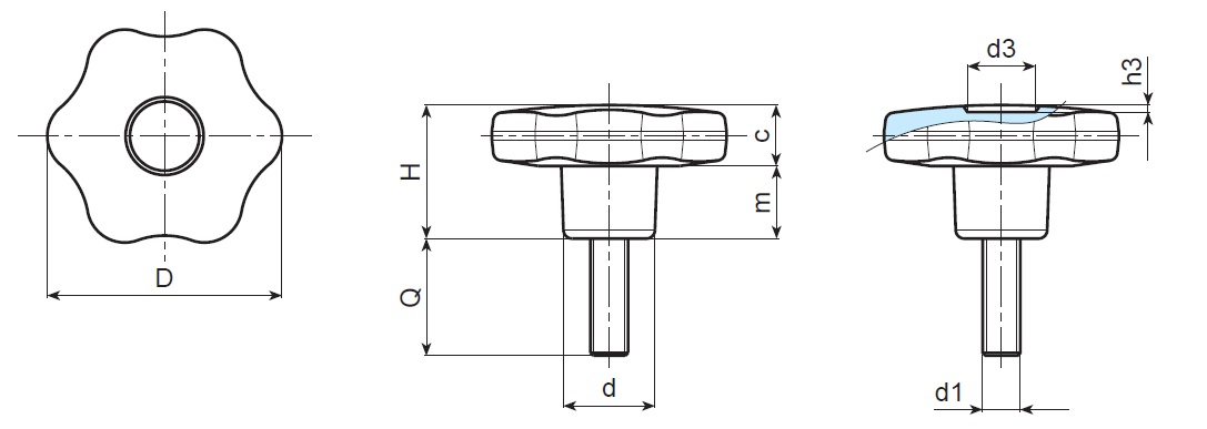 6 Point Handwheel - Male Thread - Dimensional Drawing